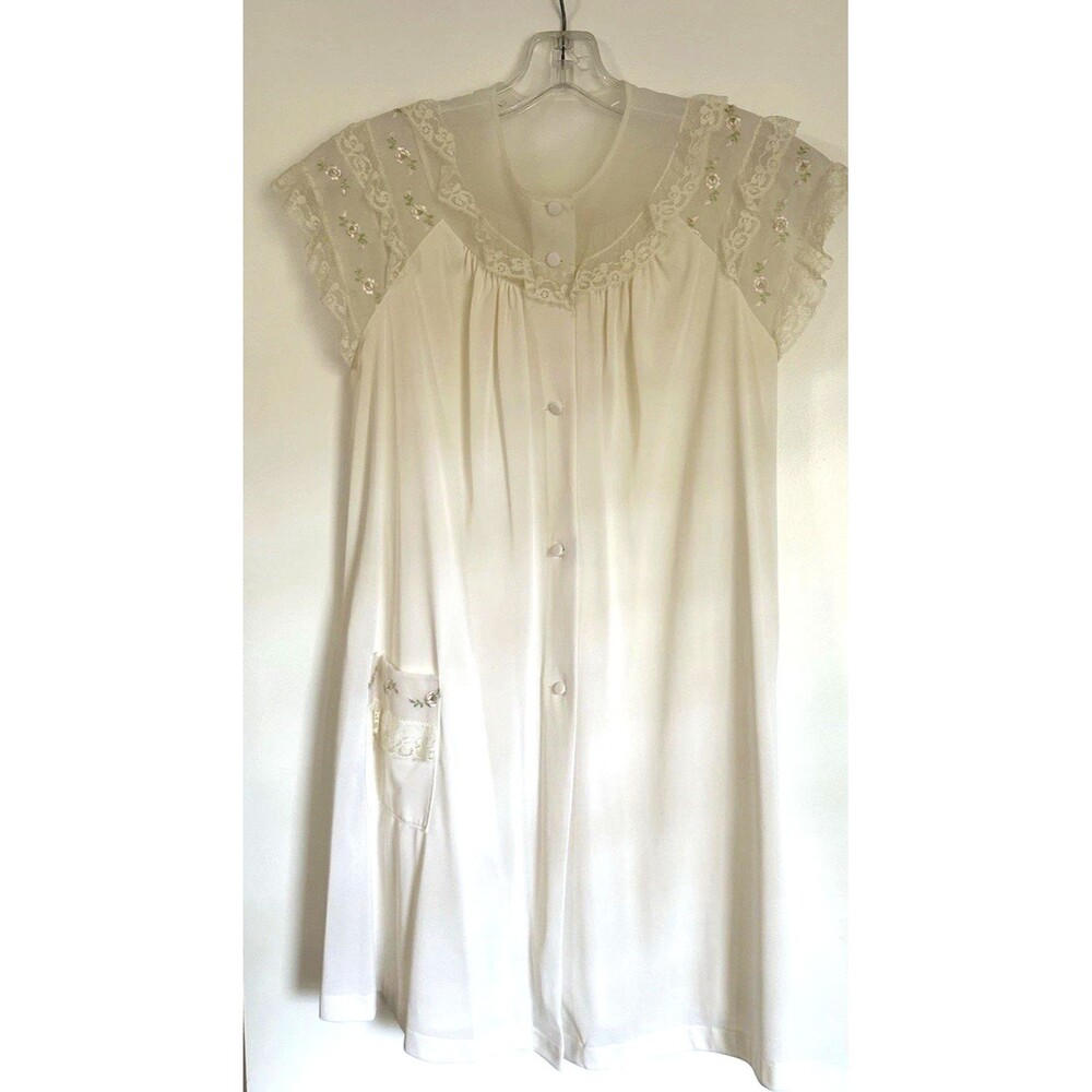 Vintage Shadowline Ivory Robe Lace Short Sleeve Knee Length Rose Buds Sz 8P